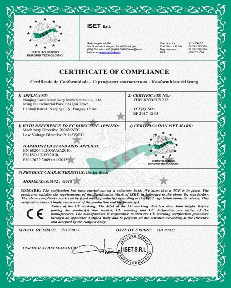 Fante machinery certificate