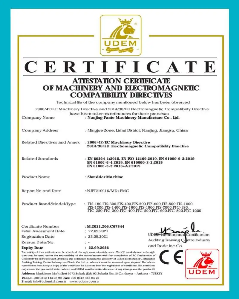 Shredder Machine CE certification
