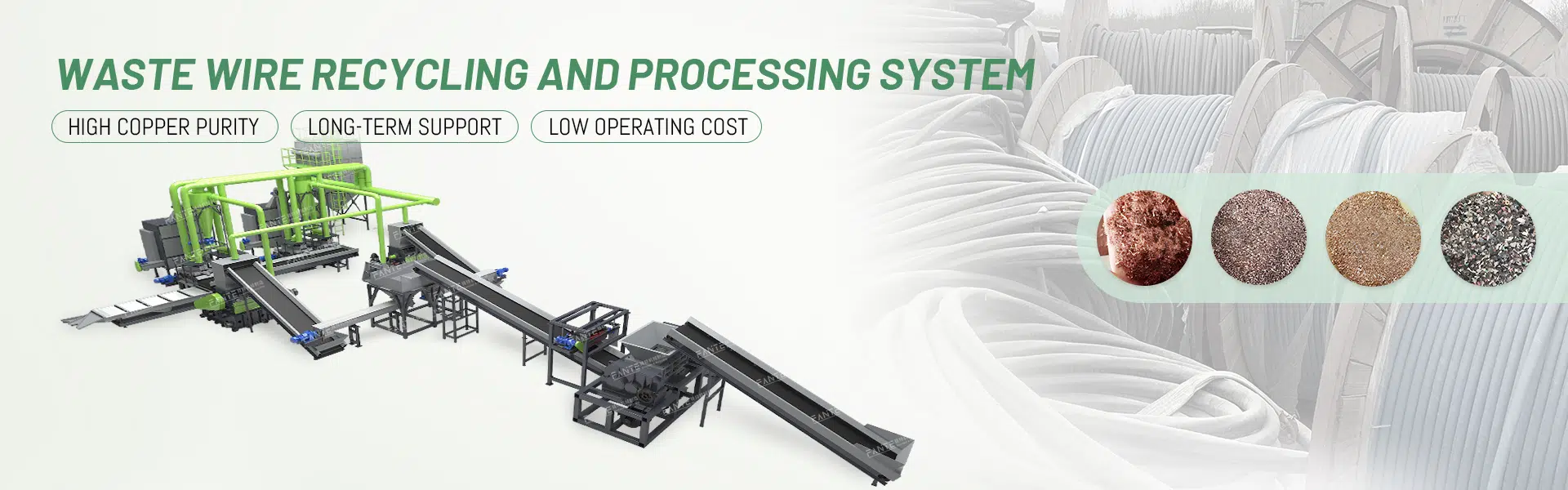 Using state-of-the-art technology, including crushing, magnetic separation, air separation, and electrostatic separation, waste wire recycling system efficiently separates metal from insulating materials in waste wires.
