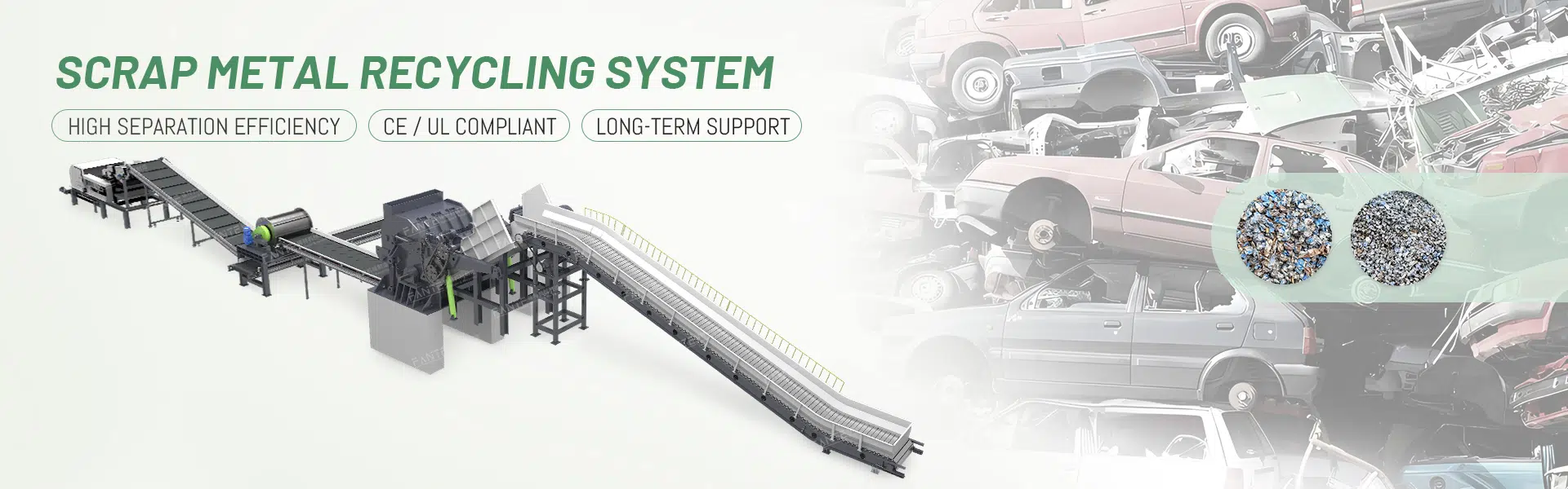 The scrap metal recycling system crushes large pieces of metal into suitable sizes.